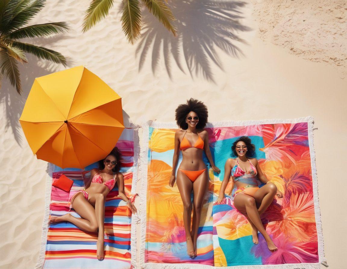 A stylish beach scene featuring diverse individuals wearing vibrant, fashionable swimwear, lounging on colorful beach towels under bright umbrellas, with the ocean waves gently crashing in the background. Include palm trees swaying in the breeze and a bright summer sun casting warm light. Capture a sense of relaxation and joy of summer, emphasizing playful patterns and bold colors in the beachwear. vibrant colors. super-realistic. tropical theme.